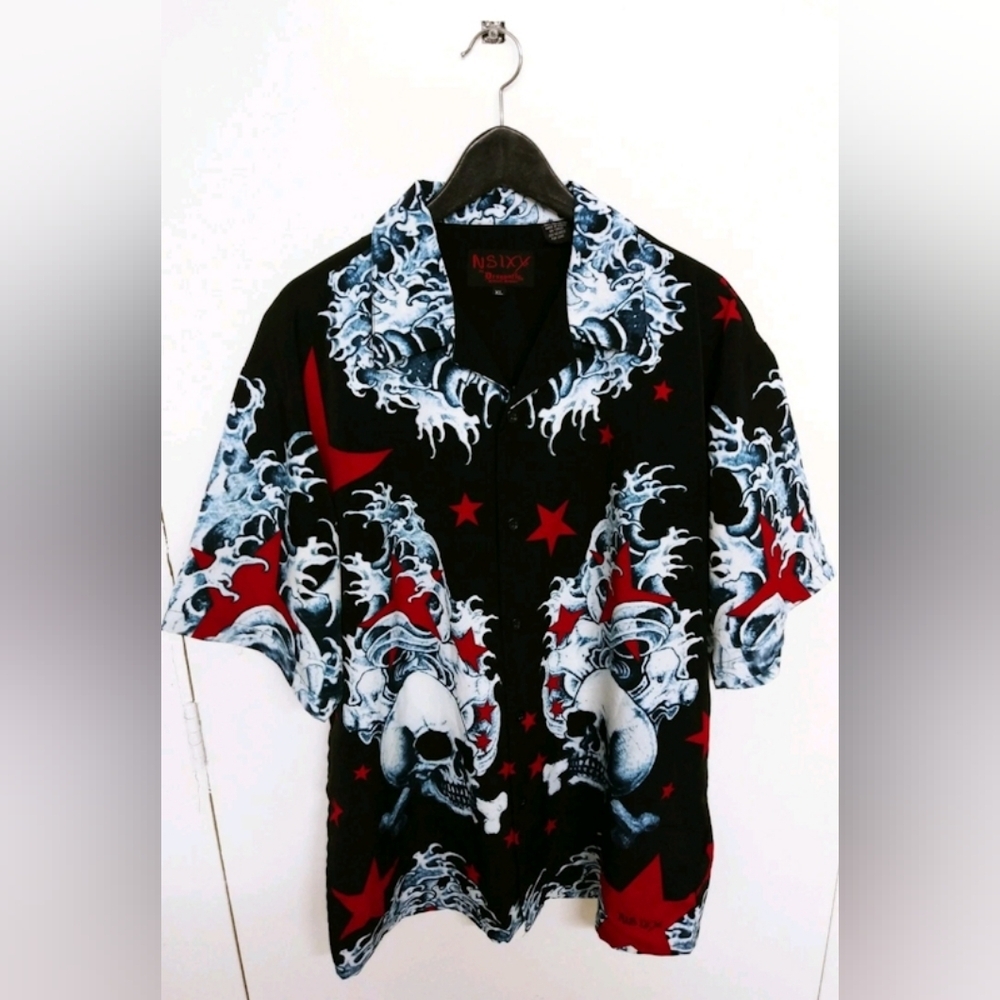 Vtg Y2K Nikki Sixx Motley Crue Dragonfly Button Up Shirt Skulls and Stars (XL) 